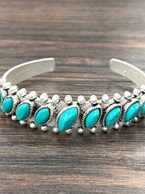 Turquoise Oval Cluster Cuff Bracelet Western Boho Silver Tone Statement